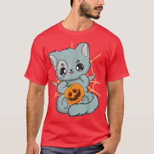 Cute Anime Cat met pomkin Manga Neko Meow Hallow T-shirt