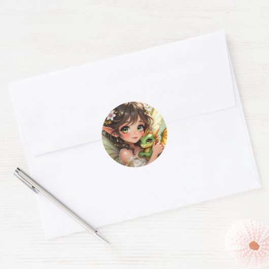 Cute Anime Fairy and Chibi Dragon Ronde Sticker (Envelop)