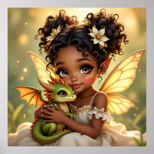 Cute Anime Fairy Girl and Chibi Dragon Poster (Voorkant)