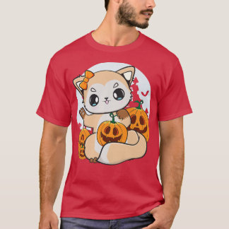 Cute Anime Fox met Kawaii Pumpkin voor Halloween P T-shirt