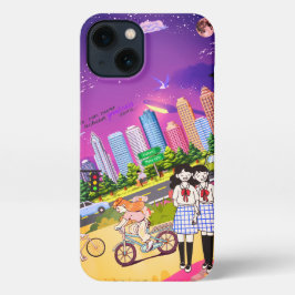 Cute Anime Girl in Scenic Landscape  iPhone 13 Hoesje