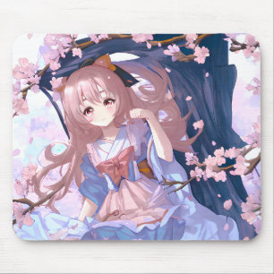 Cute Anime Girl onder een Cherry Blossom Tree Muismat