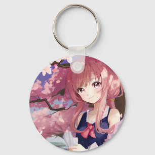 Cute Anime Girl onder een Cherry Blossom Tree Sleutelhanger