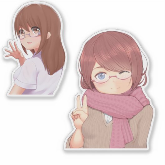 Cute Anime Girl with Glasses Aesthetic Sticker (Devant)