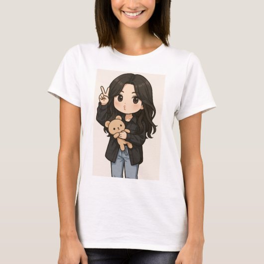 Cute Anime Girl with teddy bear peace sign T-Shirt (Voorkant)