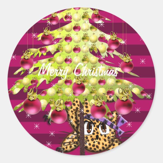 Cute Anime Leopard onder Limoen kerstboom Ronde Sticker (Voorkant)
