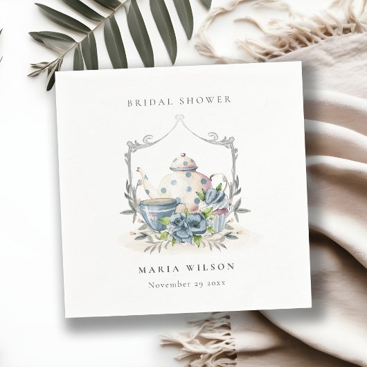 Cute Aqua Blauwe Bloemige Theepot Crest Bruidsdouc Servet