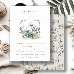 Cute Aqua Blue Floral Teapot Crest Vrijgezellenfee Bedankkaart