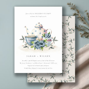 Cute Aqua Blue Floral Teapot Cup Verloving Invite Bedankkaart