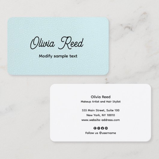 Cute Aqua Blue Leather Retro Script Visitekaartje (Voorkant / Achterkant)