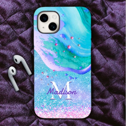 Cute aqua glitter paarse marmer monogram Case-Mate iPhone case