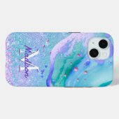 Cute aqua glitter paarse marmer monogram Case-Mate iPhone case (Achterkant (horizontaal))