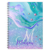 Cute aqua glitter paarse marmer monogram notitieboek (Voorkant)