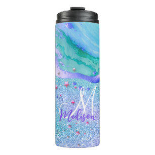 Cute aqua glitter paarse marmer monogram thermosbeker