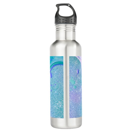 Cute aqua glitter paarse marmer monogram waterfles (Achterkant)