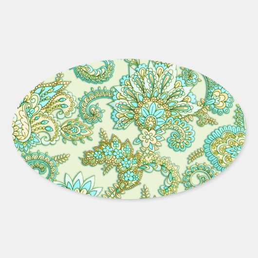 Cute Aqua Gold Paisley Floral Pattern Ovale Sticker (Voorkant)