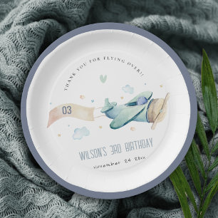 Cute Aqua Green Blue Kinder Plane Clouds Birthday Papieren Bordje