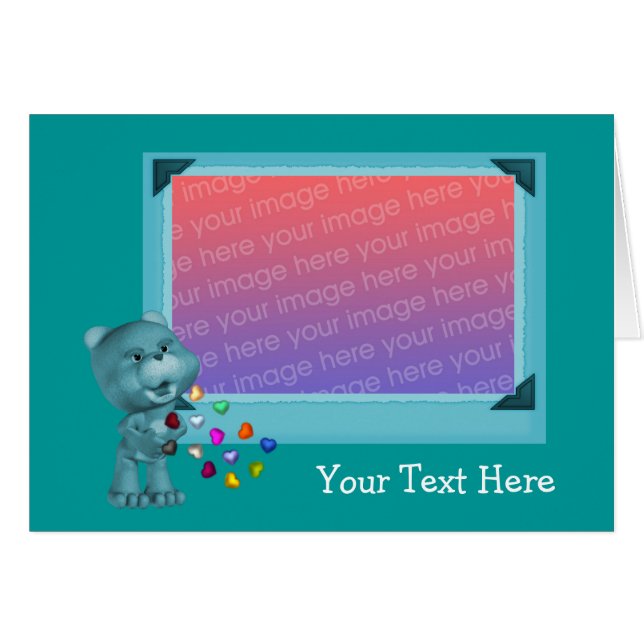 Cute Aqua Ours Et Coeurs Carte photo (Devant horizontal)