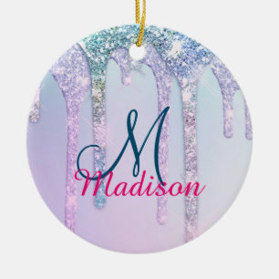 Cute Aqua Turquoise Unicorn Glitter Drivers monogr Keramisch Ornament