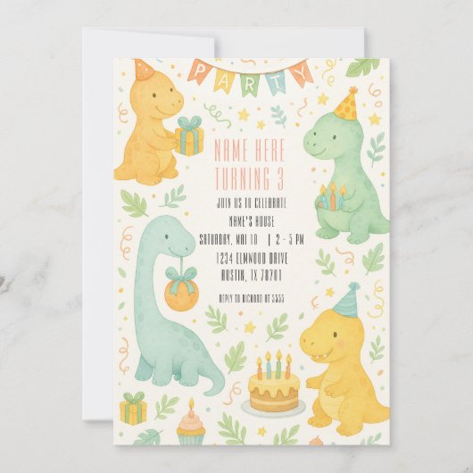 Cute Aquarelle Dinosaur 3e Invitation anniversaire (Devant)