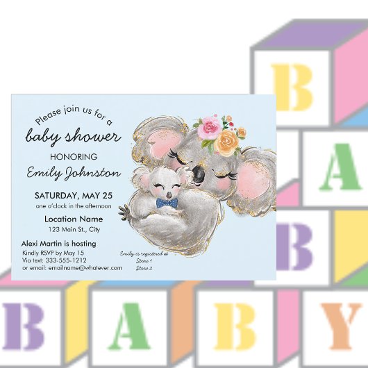 Cute aquarelle Koala Baby shower bleu Invitation