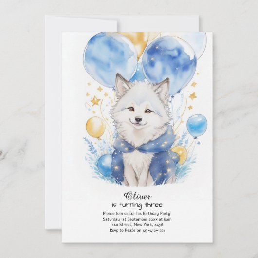 Cute Aquarelle Loup Pup Invitation Anniversaire (Devant)