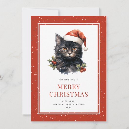 Cute Aquarelle Noire Chat Joyeux Carte de Noël (Devant)