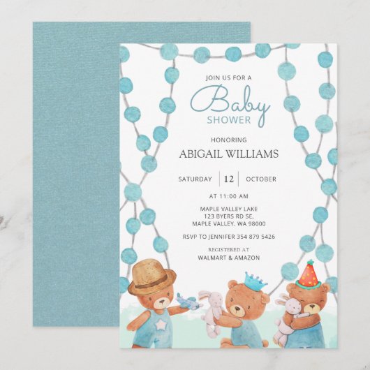Cute Aquarelle Teddy Bear Baby shower Invitation (Devant / Derrière)