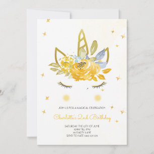 Cute Aquarelle Unicorn Yellow Invitation