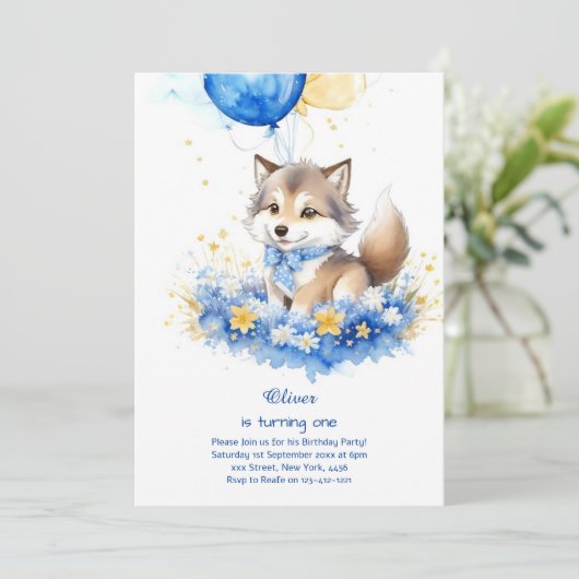 Cute Aquarelle Wolf Première Invitation d'annivers (Debout devant)