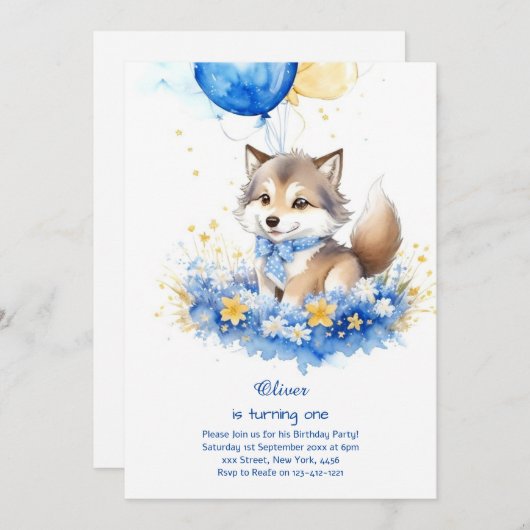 Cute Aquarelle Wolf Première Invitation d'annivers (Devant / Derrière)