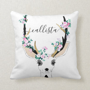 Cute Artsy Pink Floral Deer Animal Illustration Kussen