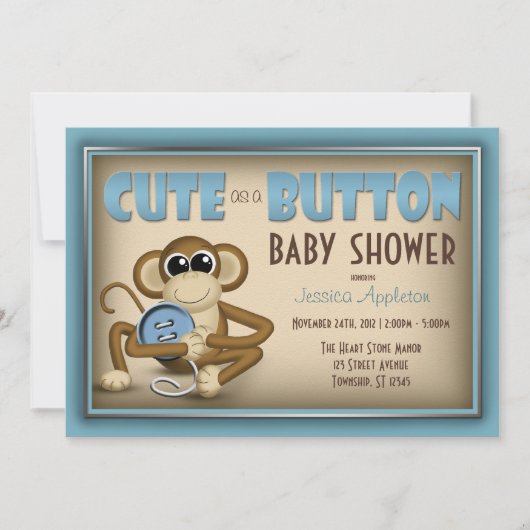 Cute as a Button Blue Baby shower Invitation Kaart (Voorkant)