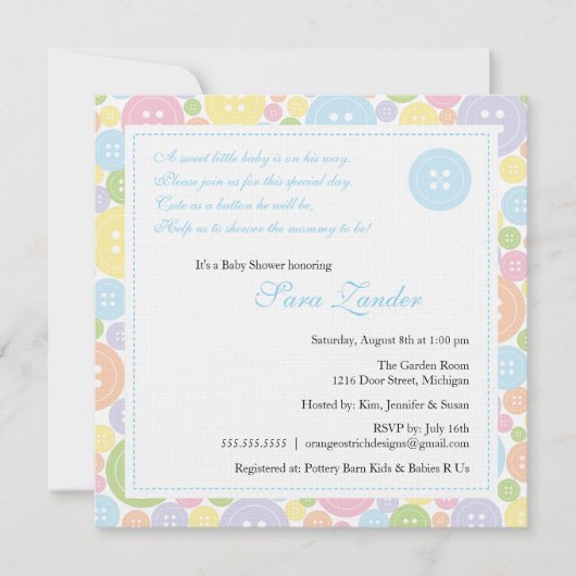 Cute as a Button Boy Baby shower Invitation (Devant)