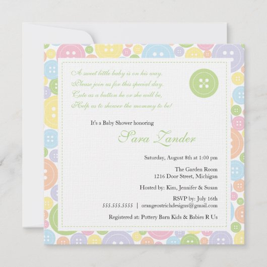 Cute as a Button Neutral Baby shower Invitation Kaart (Voorkant)