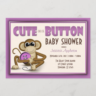 Cute as a Button Paarse Baby shower Invitation Kaart