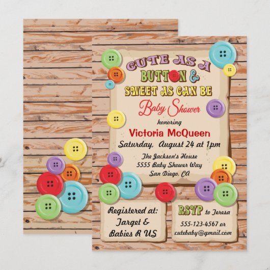 Cute as Button Baby shower Invitation Kaart (Voorkant / Achterkant)