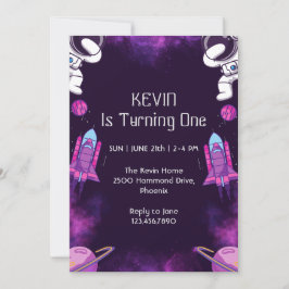 Cute Astronaut First Birthday Invitation Kaart