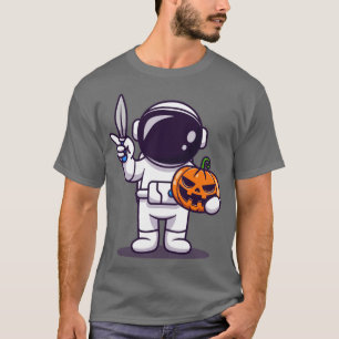 Cute Astronaut Holding Knife en Pomkin Cartoon T-shirt