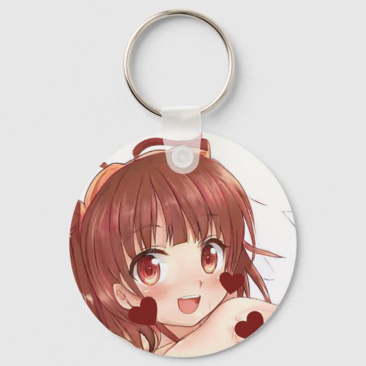 Cute auburn harige anime roos gouden ogen hart sleutelhanger (Voorkant)