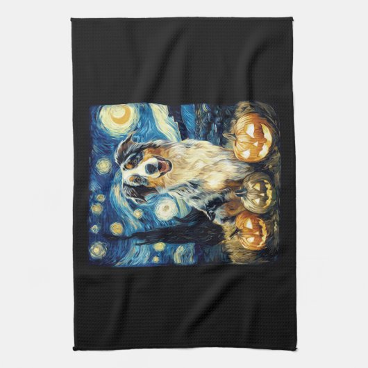 Cute Australian Shepherd Dog Halloween Jack O Lant Theedoek (Verticaal)