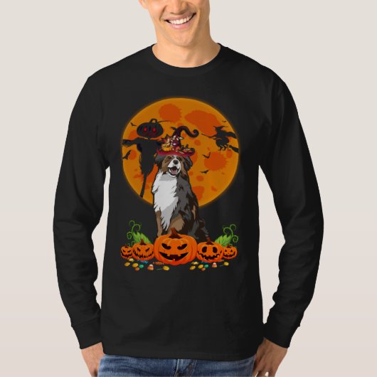 Cute Australian Shepherd Dog Witch Pumpkin Hallowe T-shirt (Voorkant)