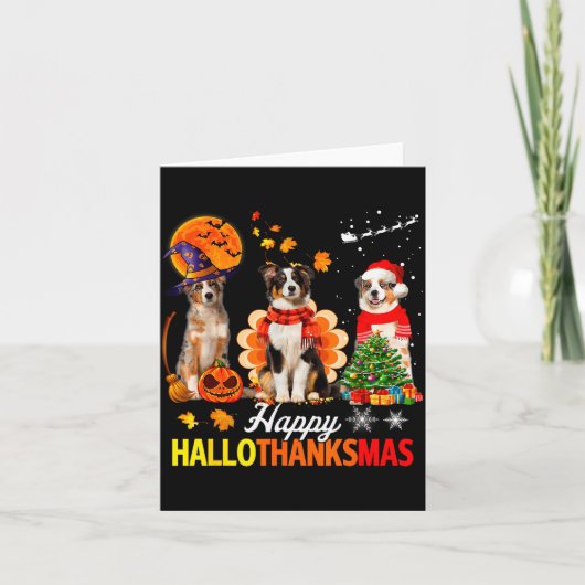 Cute Australian Shepherd Happy Hallothanksmas Xmas Kaart (Voorkant)