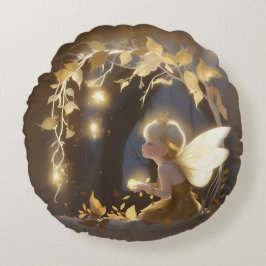 Cute Autumn Fairy with Glowing Flowers Rond Kussen