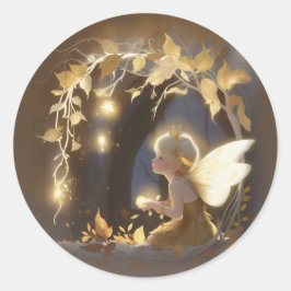 Cute Autumn Fairy with Glowing Flowers Ronde Sticker