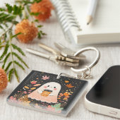 Cute Autumn Ghost with Pumpkin Coffee – Cozy Fall Sleutelhanger (Voorkant Rechts)