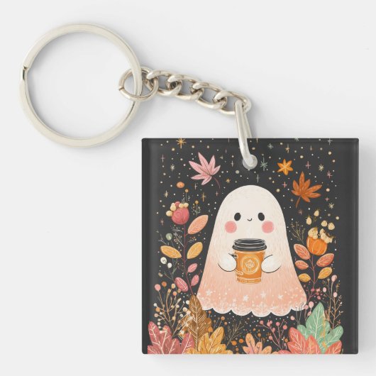 Cute Autumn Ghost with Pumpkin Coffee – Cozy Fall Sleutelhanger (voorkant)