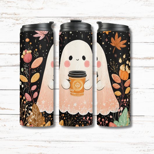 Cute Autumn Ghost with Pumpkin Coffee – Cozy Fall Thermosbeker