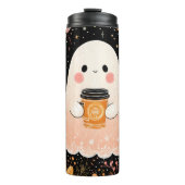 Cute Autumn Ghost with Pumpkin Coffee – Cozy Fall Thermosbeker (Voorkant)