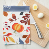 Cute Autumn Leaves Pumpkin Pattern & Jouw naam Theedoek (Quarter Fold)